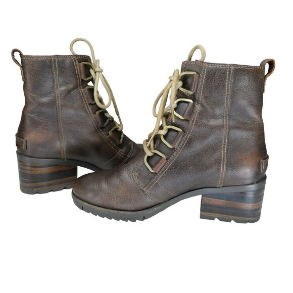 Sorel Cate Ankle Boots Women's 7 Brown Leather Lace Up Lug Block Heel Booties - Picture 5 of 11